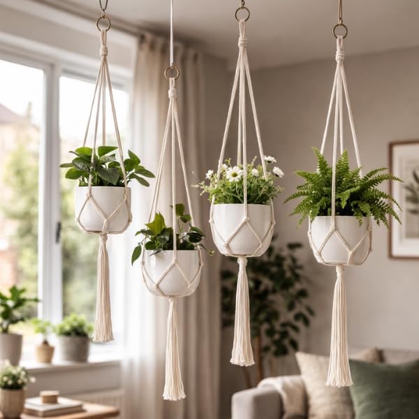 Four pack white macrame plant hangers.