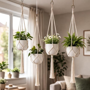 Cotton rope hanging plant holders with hooks.