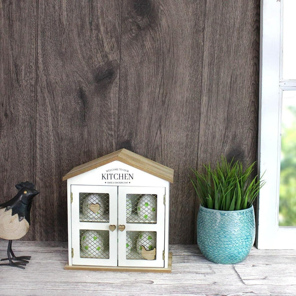 Wooden egg house with hinged mesh door