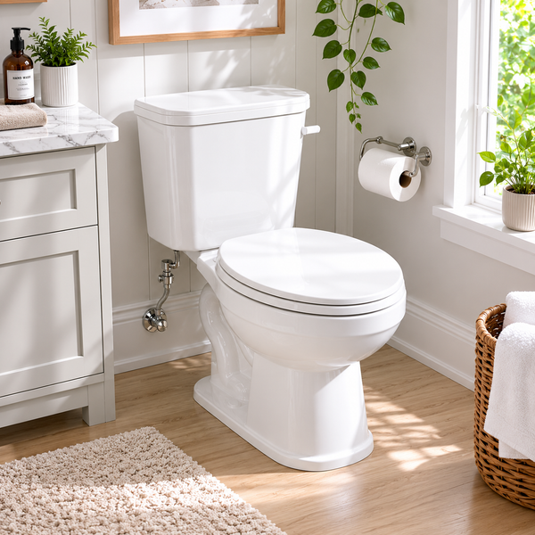 White toilet in a bathroom with a wooden cabinet, rug, and plants.