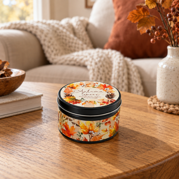 A round tin candle with an autumn leaf pattern sits on a wooden table in a cozy living room setting with a couch, throw blanket, and vase in the background.