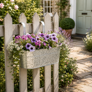 Floral planter on a wooden fence with a house in the background