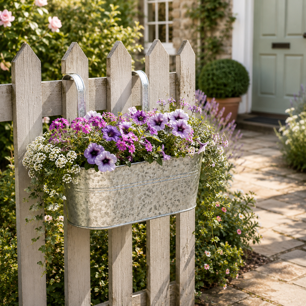 Floral planter on a wooden fence with a house in the background