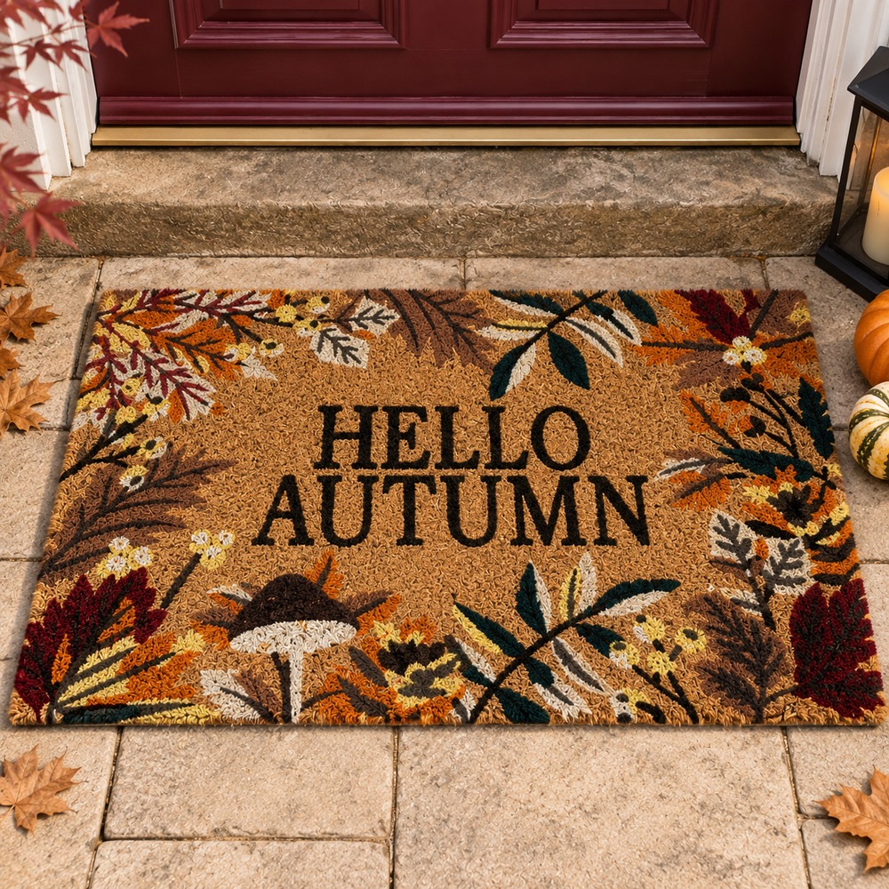 An autumn-themed doormat with the words 'HELLO AUTUMN' in black, featuring a colorful fall leaf and mushroom pattern in brown, beige, and orange tones, placed on a stone step in front of a red front door.