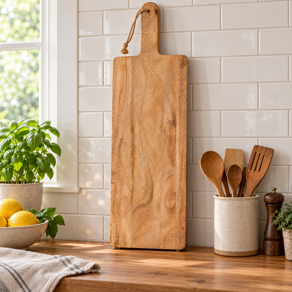Large mango wood board with a jute hanging loop standing against a white tiled splashback beside herbs and wooden utensils.