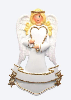 Decorative angel figurine holding a heart-shaped frame on a white background