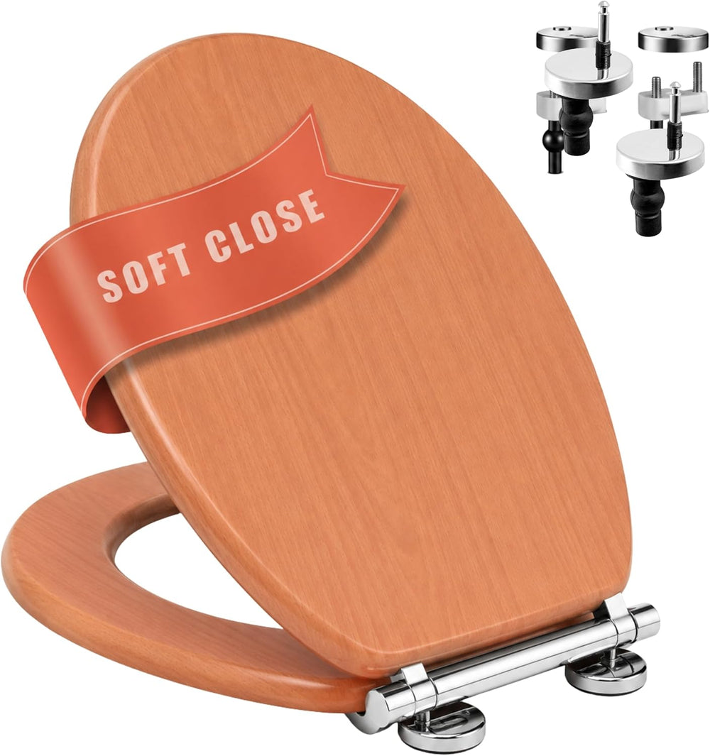 Dark pine wood effect MDF toilet seat with soft close lid