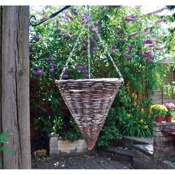 Dark rattan hanging basket with liner and chain