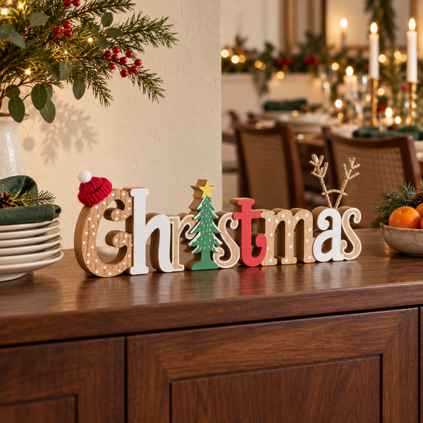 Wooden decorative letters spelling Christmas arranged on a dark wood cabinet in a warmly lit holiday dining room. The letters include a tree, star, reindeer antlers, and a small red hat, with a blurred background of candles and tables.