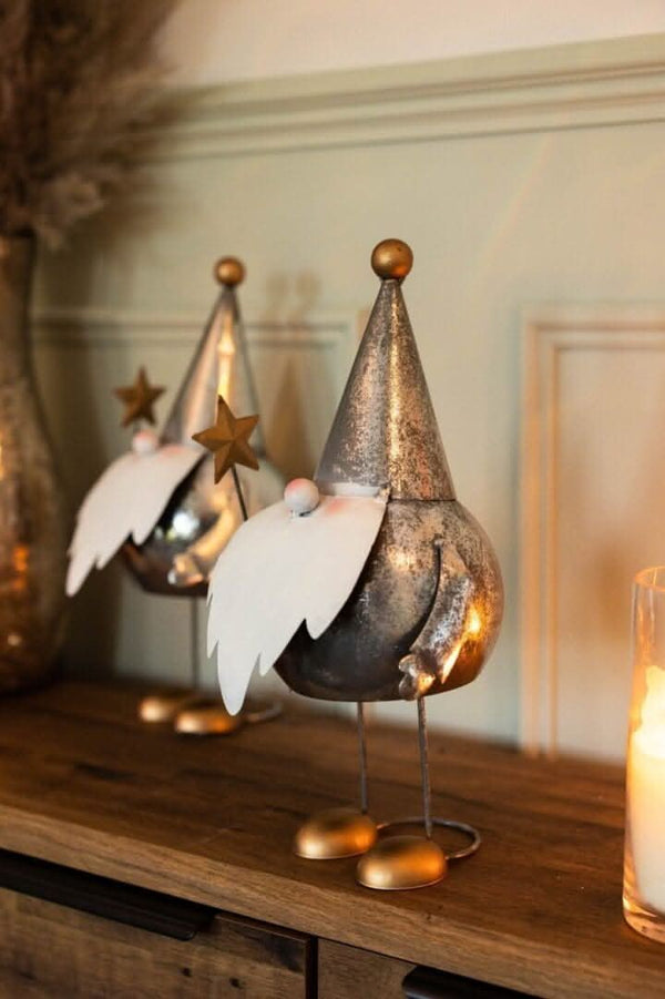 Two metal Christmas gonks shown from front