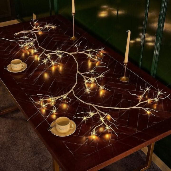 LED twig garland creating a warm decorative glow