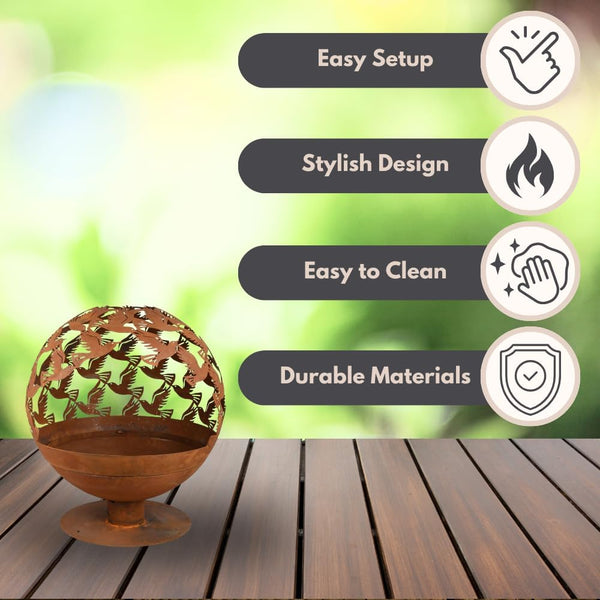 Round outdoor fire basket with 360 flame view