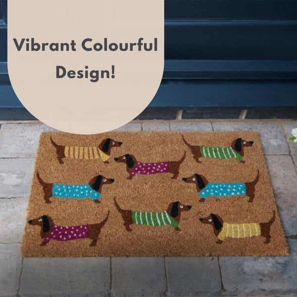 Rectangular coir mat with colourful sausage dog pattern