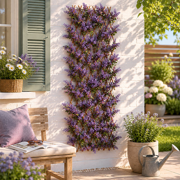 Willow garden trellis with faux violet flowers