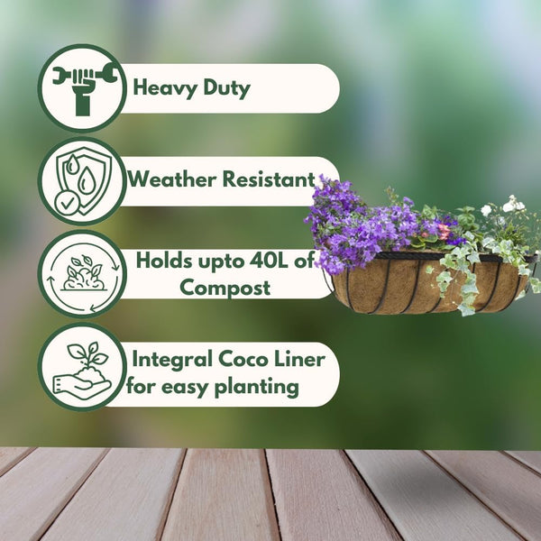 Outdoor flower trough with integrated natural coco fibre liner.