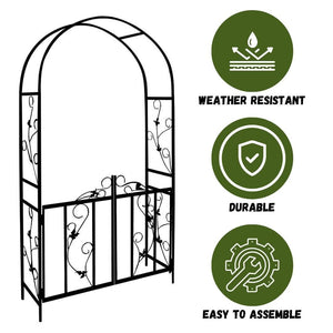 Steel garden arch supporting flowering clematis