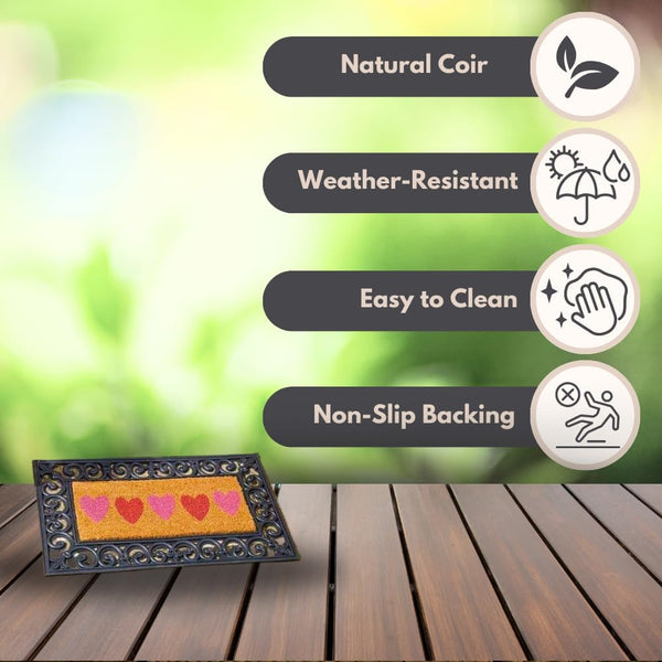Heart-pattern coir doormat for indoor and outdoor use.