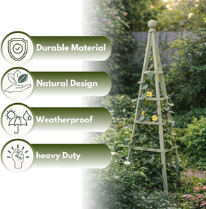 Decorative garden obelisk positioned beside pathway