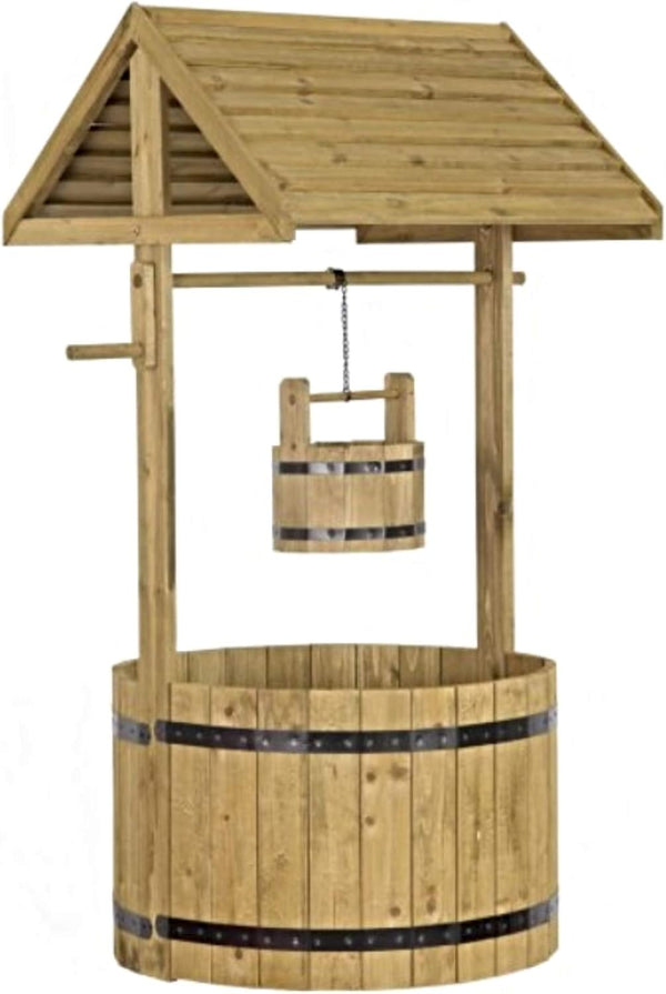 Decorative wooden flower planter for patios and gardens.