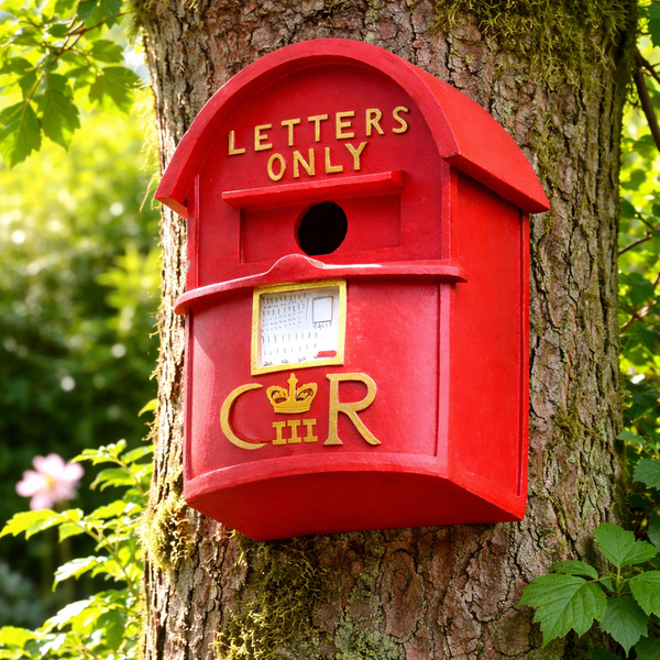 Small bird nesting box with red post box design