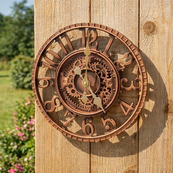 Outdoor patio wall clock with gold hands