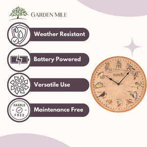 Round bird-themed wall clock for garden décor.