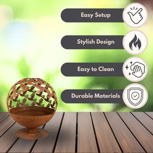Wood burning patio fire pit with 360° flame view.