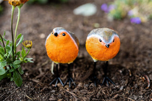 Outdoor robin ornaments on garden border