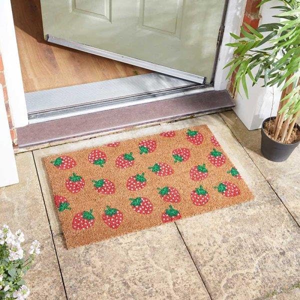 rectangular coir doormat with colourful strawberry design