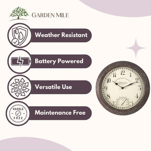 Weather resistant wall clock for outdoor spaces