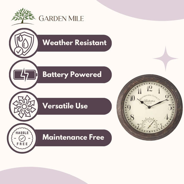 Weather resistant wall clock for outdoor spaces