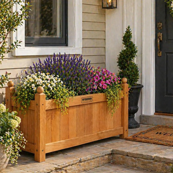 Indoor wooden planter with lush green foliage.