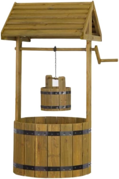 Wooden garden ornament with hanging flower bucket.