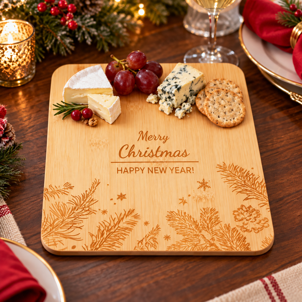 A rectangular bamboo serving board engraved with Christmas pine branches, snowflakes, and the text 'Merry Christmas Happy New Year!' in warm brown lettering. The board is styled on a dark wooden table with cheese, grapes, crackers, and holiday decorations in the background.