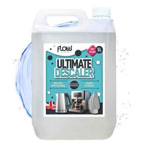 Clear container of Ultimate Descaler with a label on a white background