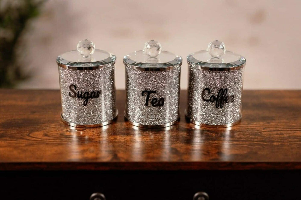 Silver diamante tea coffee and sugar canister set