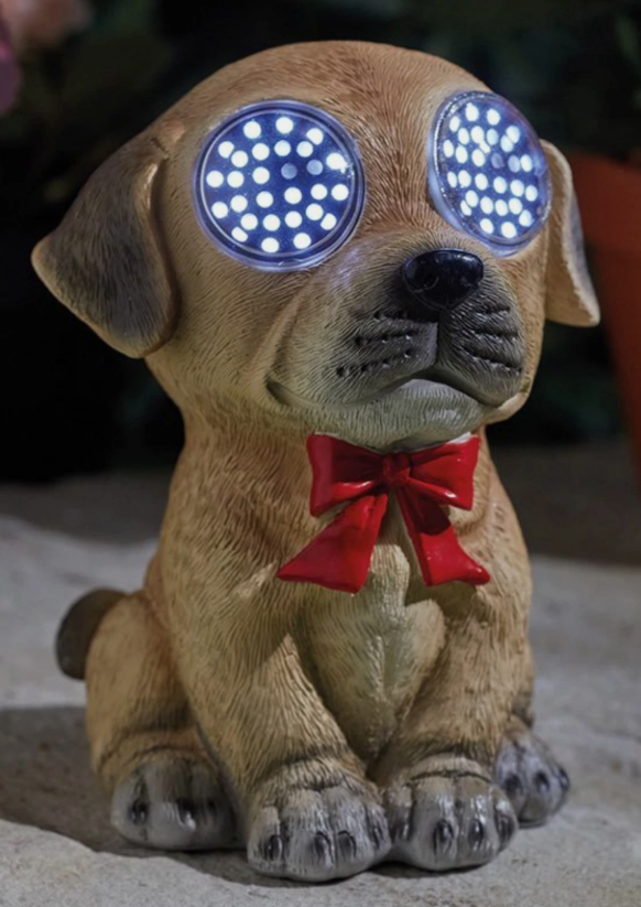 Solar powered dog garden decoration displayed outdoors
