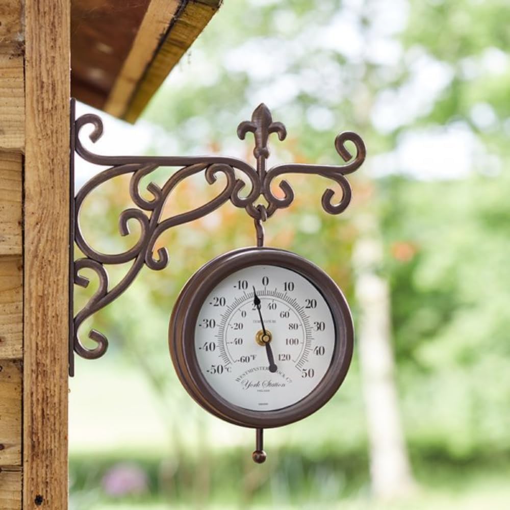 Double sided outdoor station clock with integrated thermometer