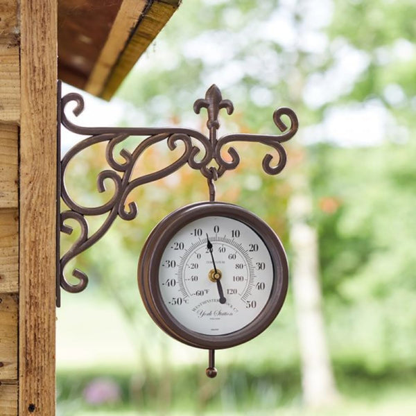 Double sided outdoor station clock with integrated thermometer