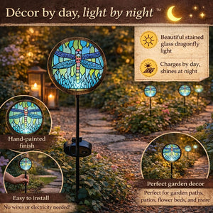 solar powered pathway light with dragonfly design