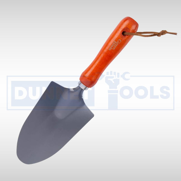 Wooden handle garden trowel for transplanting