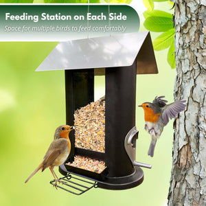 Garden bird feeder with removable refill lid.