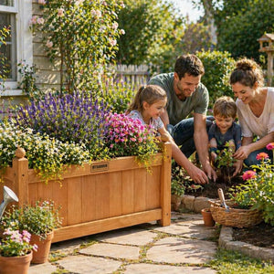 Decorative brown planter for flowers and shrubs.