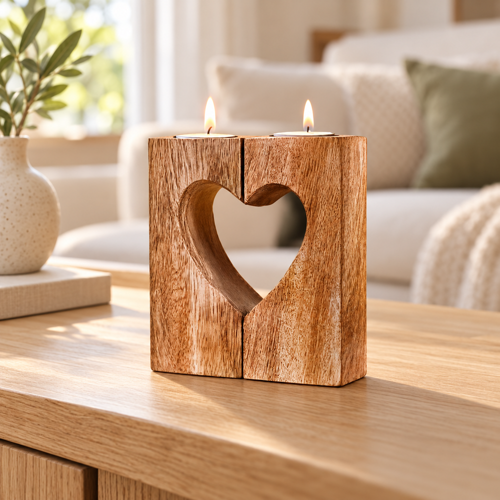 Wooden tealight holder with a heart-shaped cutout and two lit candles on an oak table in a bright, neutral living room.