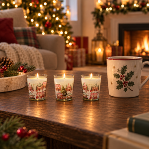 Three small lit holiday candles with a red-and-white village print sit on a wooden table beside a white ceramic mug decorated with holly and gold stars, in a cozy living room with a fireplace and Christmas tree in the background.