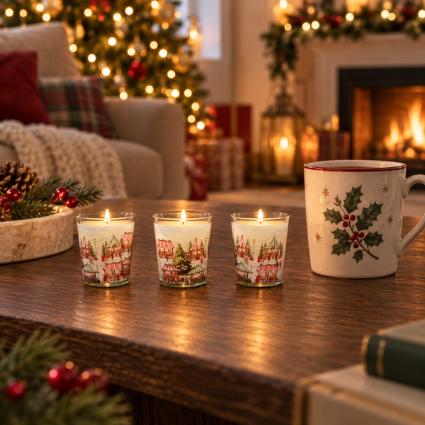 Three small lit holiday candles with a red-and-white village print sit on a wooden table beside a white ceramic mug decorated with holly and gold stars, in a cozy living room with a fireplace and Christmas tree in the background.