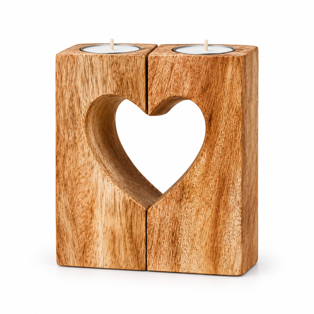 Wooden tealight holder with a heart-shaped cutout and two lit candles on an oak table in a bright, neutral living room.