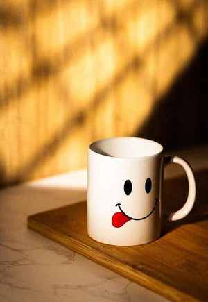 Set of 6 white emoji coffee mugs for tea and hot chocolate