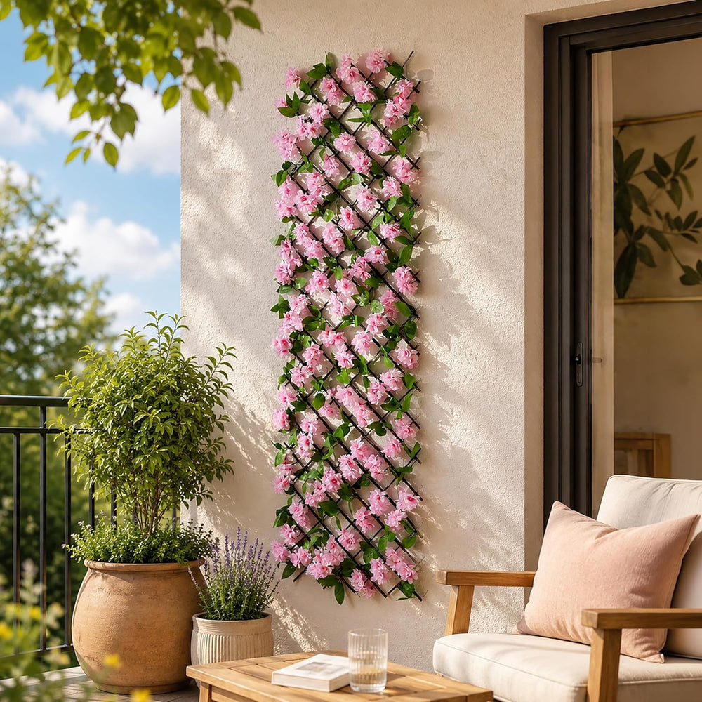 Expandable faux pink blossom trellis on willow frame