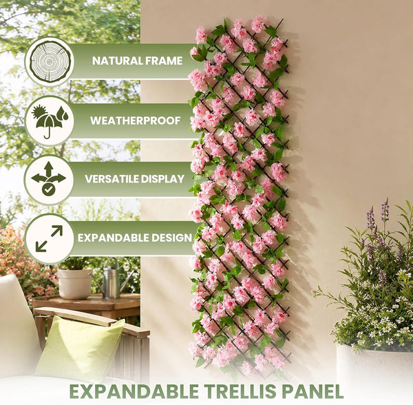 Expandable artificial flower screen for outdoor privacy